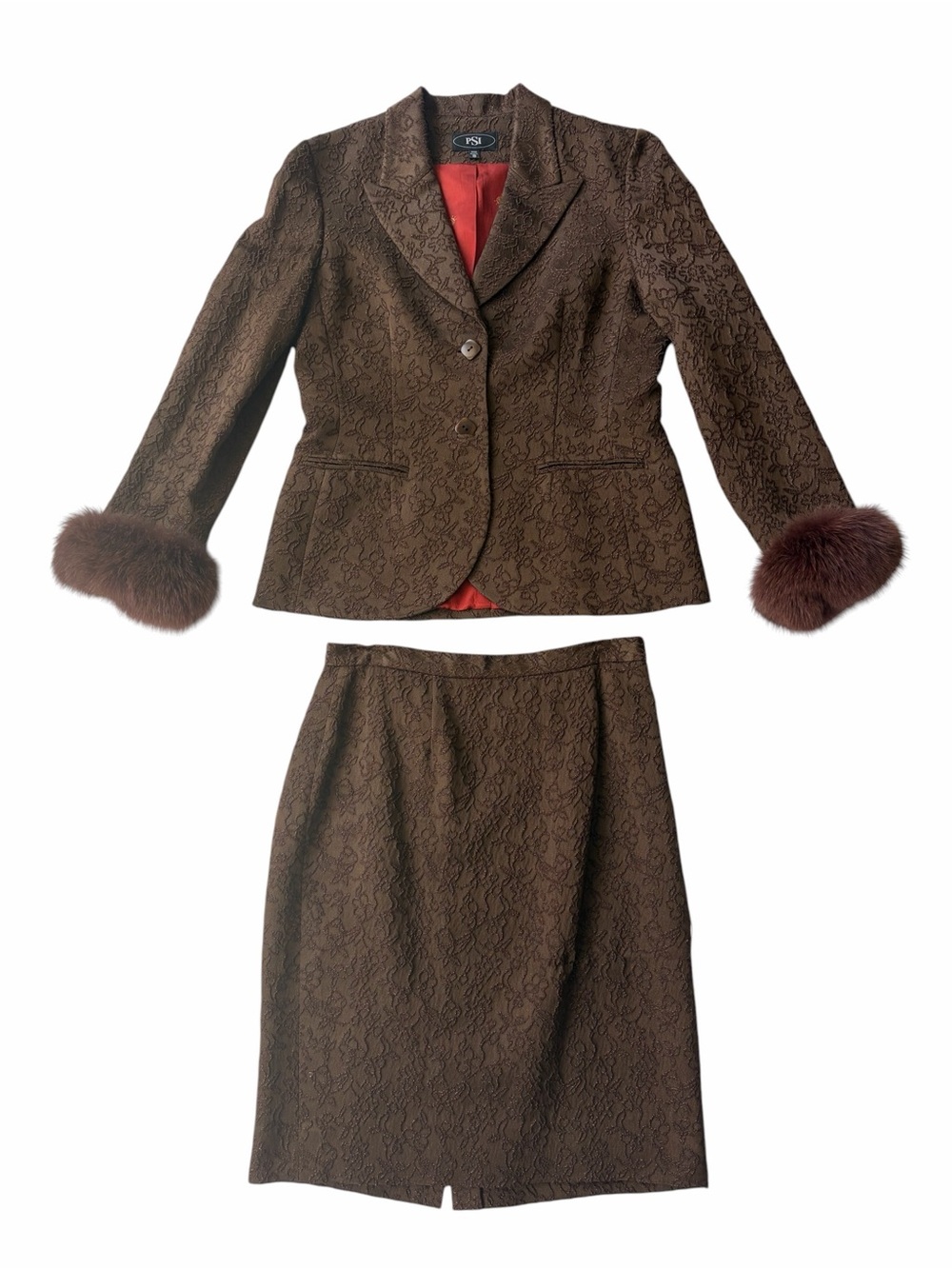 Vintage PSI Couture Brown Brocade Skirt Suit with removeable Fur Cuffs-Size 10